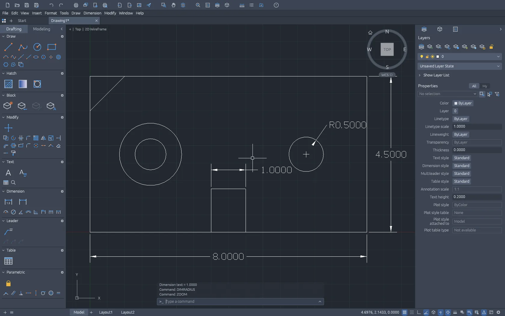 CADCraft drawing a dimensioned mounting plate, with the command line, drafting tools and layer properties visible