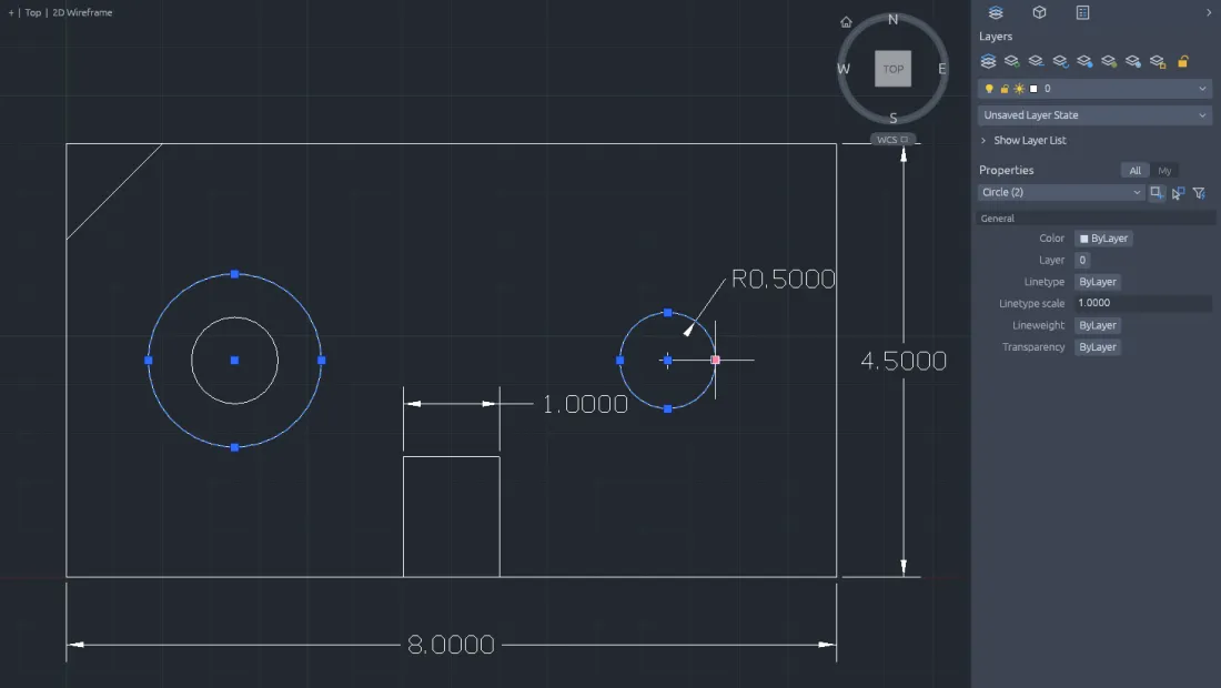 Two circles selected in CADCraft, showing blue grips and the Properties panel
